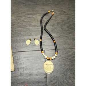 African Mask Bone Pendant Necklace Tribal Beaded Handcrafted 18" Signed